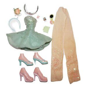 2003 Bratz Formal Funk Dana Green Prom Dress Heel Sandals Crown Yellow Shawl